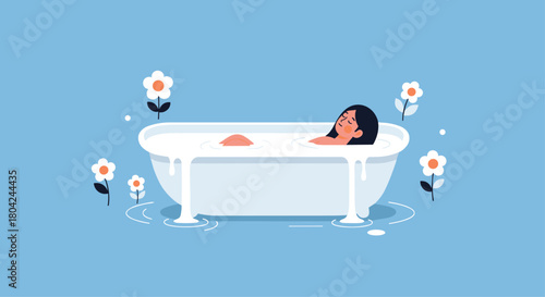 Relaxing milk bath with serene woman soaking in floral scene for wellness blogs or spa promotions and peaceful self-care concept illustrations