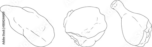 Line vector illustrations of various raw meat cuts, with detailed textures in realistic style