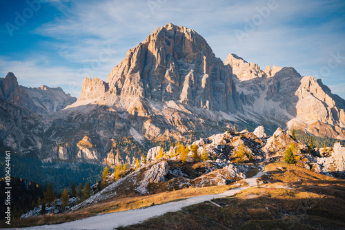 Sunset at Tofane mountains group. Dolomites, Cortina d'Ampezzo, Veneto, Italy.