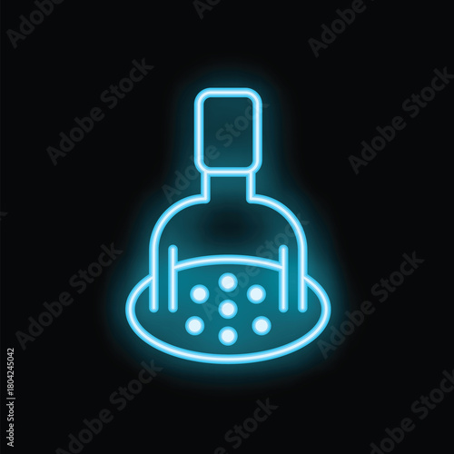 Glowing neon icon of a potato masher pressing potatoes in a bowl on a black background