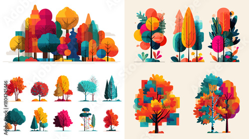 Stylized colorful trees illustration featuring modern shapes, abstract foliage and bright seasonal tones. Suitable for posters, eco themes, creative artwork and decorative design projects.
