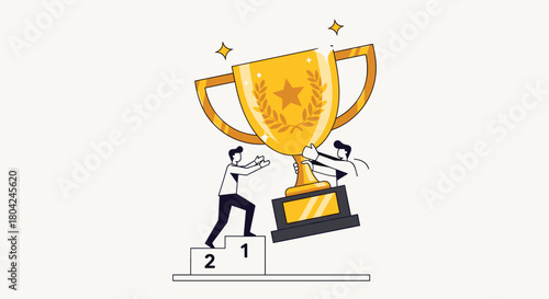 Dynamic duo celebrates monumental victory, lifting golden trophy with pride on podium, achieving top success