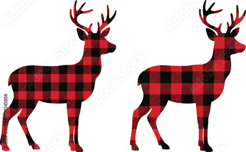 Buffalo plaid deer, red black silhouette, rustic holiday animal, festive winter design, Christmas vector art, woodland clipart, seasonal illustration