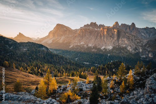 Sunset at Tofane mountains group. Dolomites, Cortina d'Ampezzo, Veneto, Italy.