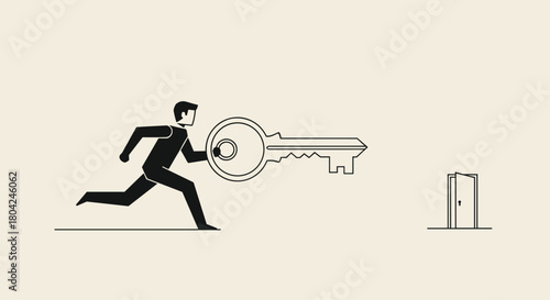 Determined businessman running with giant key towards open door symbolizing opportunity and success in business