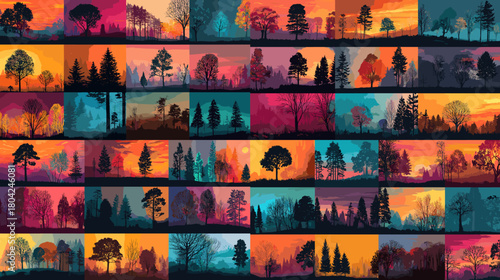 Vibrant forest landscape panels with colorful sunset skies, tree silhouettes and scenic horizon views. Ideal for backgrounds, wallpapers, nature designs and artistic landscape themes.