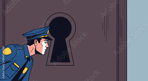 Intrigued police officer peeks through a large keyhole, investigating a mystery with intense focus and curiosity
