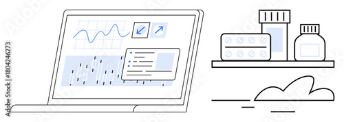 Laptop screen displaying health analytics alongside a shelf with pills and medicine bottles. Ideal for telemedicine, healthcare apps, pharmaceutical tracking, remote monitoring, data analytics