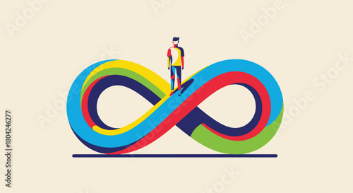 Vibrant person stands confidently atop a colorful infinity loop representing growth, potential, and endless possibilities