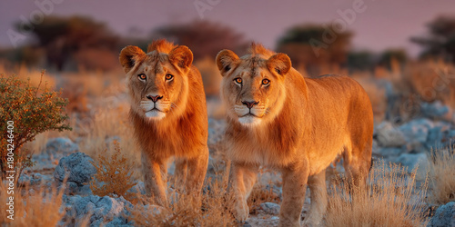 two young lions in the golden evening sun, cute young lions at sunset, lion duo in warm twilight light