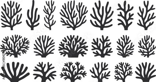 “Collection of coral silhouettes in bold black vector style featuring various underwater reef shapes for marine, ocean, sea life illustration design”