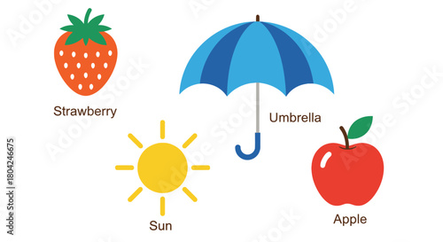 A colorful illustration featuring a strawberry umbrella sun and apple