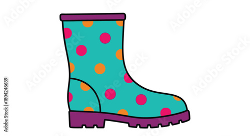 Colorful cartoon illustration of a single teal rain boot with polka dots