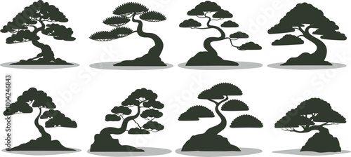 “Elegant bonsai tree silhouettes in artistic vector style for Japanese garden design, nature decoration, landscaping graphics, meditation and zen themes”