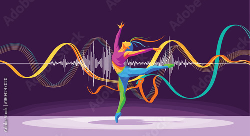 Vibrant dancer moves gracefully amidst colorful sound waves, expressing the dynamic fusion of art and audio
