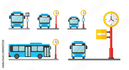 Colorful illustration of blue buses bus stops and time schedule signs