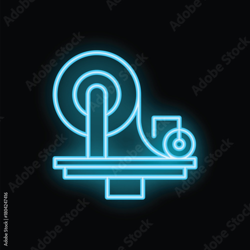 Blue neon icon of a tape dispenser shining in the dark