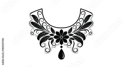 Elegant black and white floral necklace design with intricate ornamental details