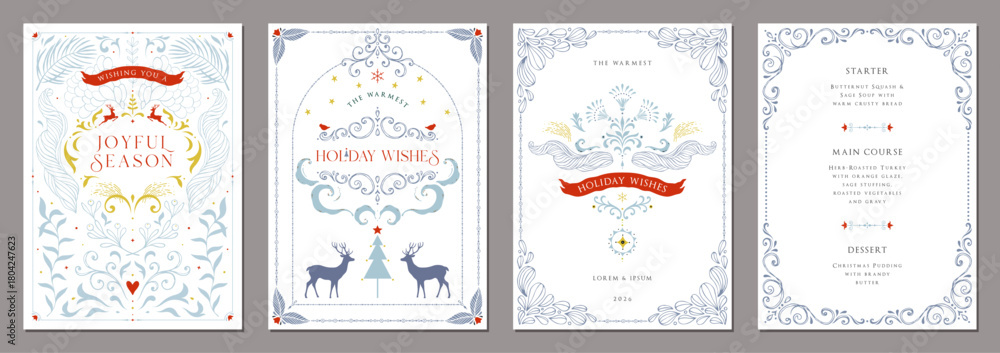 Naklejka premium Business holiday cards with messages. Greeting cards with a Christmas tree, birds, an ornate floral frame, background, and space for text. Hand-drawn.