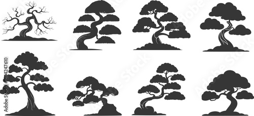 Bonsai tree silhouette collection, elegant Japanese miniature tree vector illustration for nature decor, garden art, botanical style, cad drawing flat vector illustration