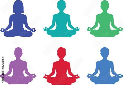 Silhouettes of people in yoga position in various colors