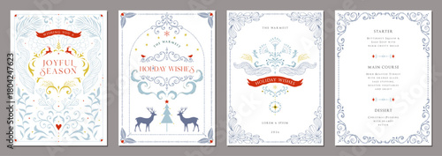 Business holiday cards with messages. Greeting cards with a Christmas tree, birds, an ornate floral frame, background, and space for text. Hand-drawn.