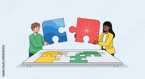 Diverse team members collaborating to connect puzzle pieces, symbolizing synergy and successful problem-solving in business