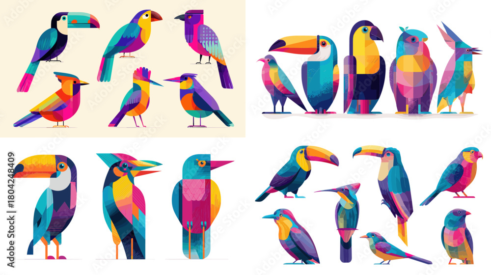 Fototapeta premium Bright tropical bird illustration set featuring toucans and exotic birds in vibrant geometric color blocks, perfect for nature posters, wildlife branding and decorative art projects.
