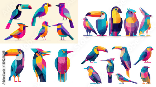 Bright tropical bird illustration set featuring toucans and exotic birds in vibrant geometric color blocks, perfect for nature posters, wildlife branding and decorative art projects.