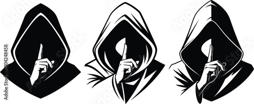 Hooded figures making a quiet gesture