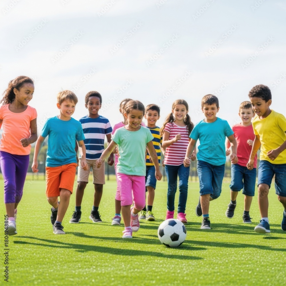 Obraz premium Joyful celebration of children’s day with kids playing soccer outdoors