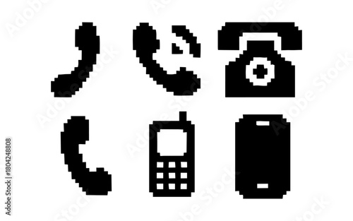 Retro style pixel icons of vintage telephones and mobile devices