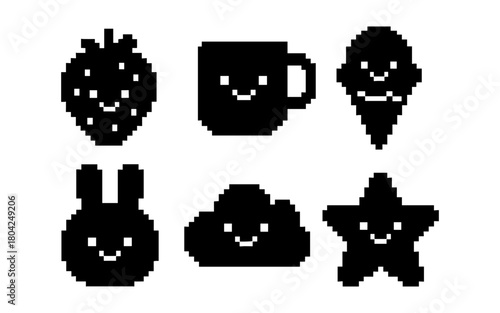 Cute pixel art icons with happy faces: coffee, ice cream, star, and more