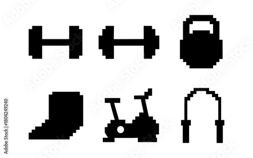 Pixelated fitness icons: dumbbells, kettlebell, jump rope, exercise bike