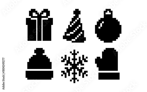 Pixel art winter icons: christmas, gifts, snowflakes, and mittens in black and white