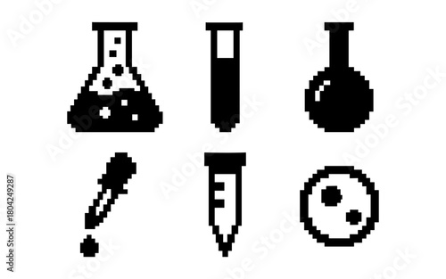 Retro 8-bit science icons collection: vintage chemistry and laboratory tools