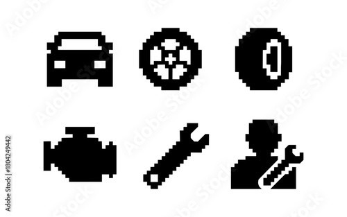 Pixel art car service icons set: engine, wrench, mechanic, tire, wheel
