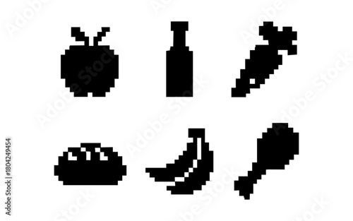 Pixelated food icons: apple, bottle, carrot, bread, banana, drumstick