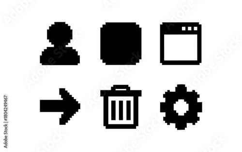 Retro pixel icons set featuring user, arrow, trash, and settings designs