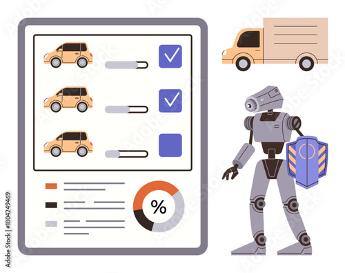 Robot analyzing vehicle comparison chart with checklist, truck, graph, and percentage data. Ideal for AI, logistics, technology, automation data analysis future technology transportation. Simple