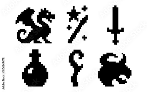 Retro pixel fantasy icons: dragon, sword, magic wand, potion, staff, helmet