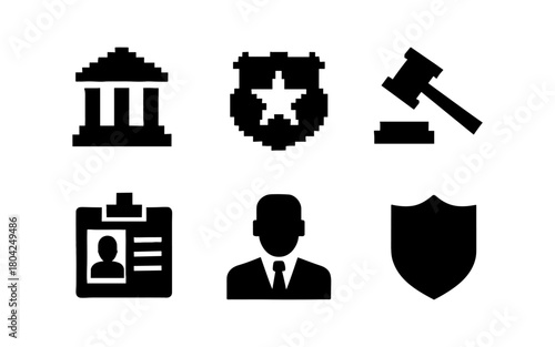 Silhouette icons of law and security symbols in black