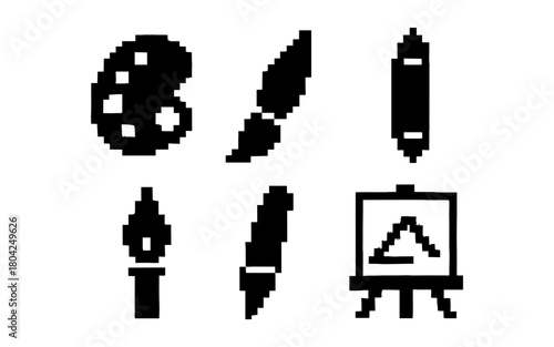 Pixel art tools: brush, palette, easel icons in retro design