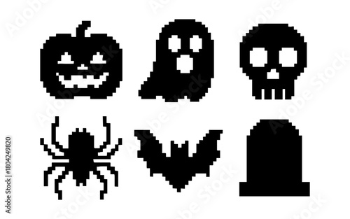 Halloween pixel art: ghosts, pumpkins, skulls, and more in black silhouettes