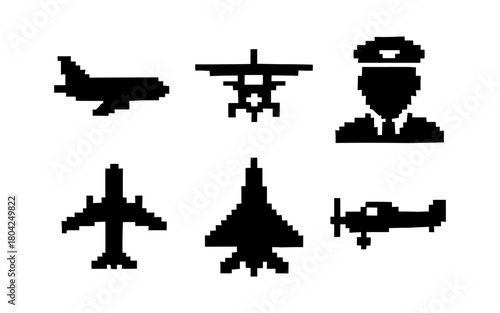 Pixel art aviation icons: airplane, pilot, biplane, jet, aircraft collection