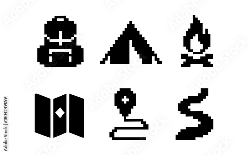 Retro camping icons set in pixel art style for outdoor and adventure themes