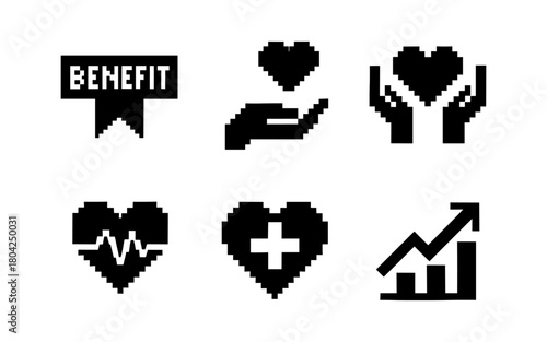 Pixel art heart symbols for healthcare and wellness themes