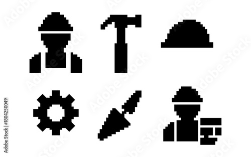 Pixel art construction icons: worker, tools, and hard hat designs