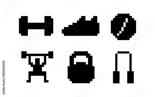 Pixel art fitness icons set featuring gym equipment and jump rope
