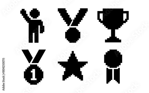 Pixel art icons of awards and achievements in black and white design